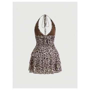 BEAUDRM Women's Y2K Leopard Print Halter Dress Sexy Ruched Tie Backless Tiered Layer Mini Dresses Ch...
