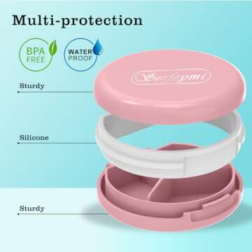 Serfeymi Small Pill Box - 3 Compartments Portable Pill Box for Purse Pocket, Compact Mini Travel Pill Case - Suitable for Medicine, Vitamin, Fish Oil, Supplements - Pink(Logo)
