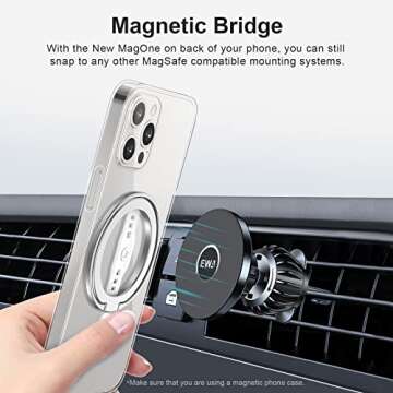 EWA MagOne (Upgrade) Compatible with MagSafe Phone Grip Stand with Silicone Finger Strap, Removable Magnetic Ring Holder Kickstand Loop, Only for iPhone 15, 14, 13 Pro/Max/Plus-(Silver)