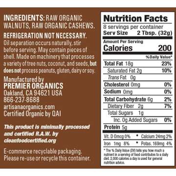 Artisana Organics Raw Walnut Butter with Cashews | No Sugar Added, Just Two Ingredients - Vegan, Paleo, and Non GMO, 9oz Jar