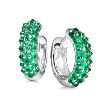 Green Emerald Small Hoop Earrings for Women Sterling Silver Hypoallergenic Birthstone Gemstone Huggi...