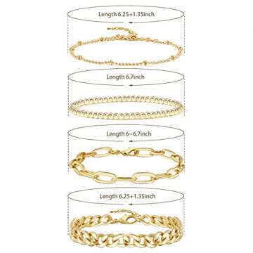 Gold Bracelets for Women14K Gold Plated Dainty Link Paperclip Bracelet Stack Gold Small Ball Beads Bracelets Adjustable Layered Metal Link Bracelet