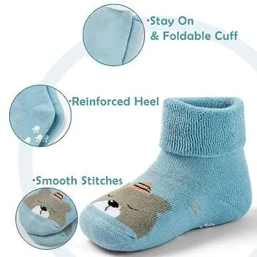 Baby Non Slip Socks Baby Boys Winter Warm Socks with Grips for Baby Girls Terry Socks Bears 12-24 Months
