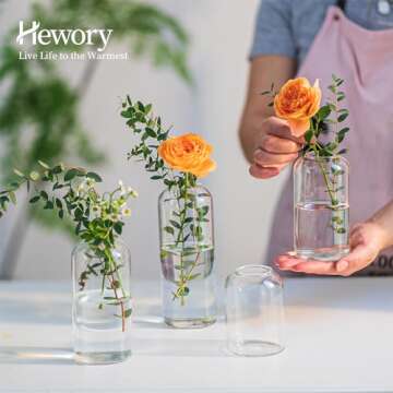 Hewory Glass Clear Modern Vase, Set of 6 - Small Bud Vases for Flowers, Elegant Home Decor Floral Arrangements, Wedding Party Events Centerpieces