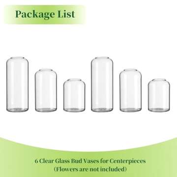 Hewory Glass Clear Modern Vase, Set of 6 - Small Bud Vases for Flowers, Elegant Home Decor Floral Arrangements, Wedding Party Events Centerpieces