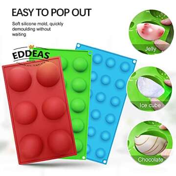 Eddeas Semi Sphere Silicone Chocolate Molds, 3 Pack Half Sphere Silicone Baking Molds for Making Jelly, Chocolate, Cupcake & Pudding, Food Grade & PBA Free (6 Cups, 15 Cups & 24 Cups)