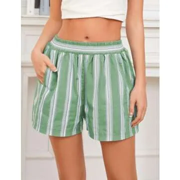 MSBESYOR Women Summer Striped Boxer Shorts Elastic High Waist Loose Y2K Casual Lounge Pajama Shorts PJ Bottoms with Pockets, Small, Green