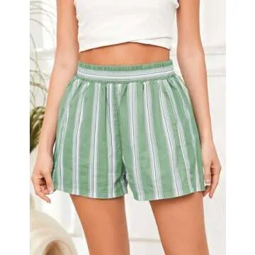 MSBESYOR Women Summer Striped Boxer Shorts Elastic High Waist Loose Y2K Casual Lounge Pajama Shorts PJ Bottoms with Pockets, Small, Green