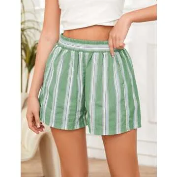 MSBESYOR Women Summer Striped Boxer Shorts Elastic High Waist Loose Y2K Casual Lounge Pajama Shorts PJ Bottoms with Pockets, Small, Green