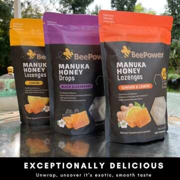 BeePower Manuka Honey Lozenges | MGO 500+ Honey Cough Drops For Soothing Dry, Sore Throat | Contains 40 Lozenges Lemon Flavor | 6.7 Oz