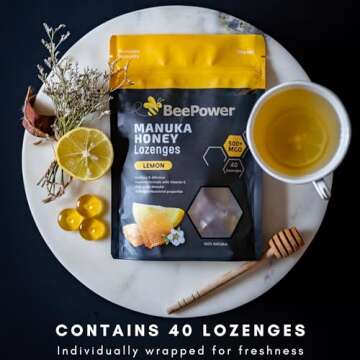 BeePower Manuka Honey Lozenges | MGO 500+ Honey Cough Drops For Soothing Dry, Sore Throat | Contains 40 Lozenges Lemon Flavor | 6.7 Oz