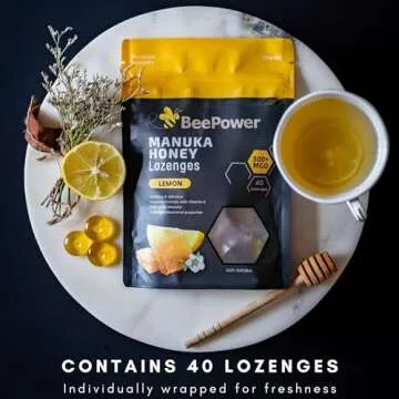 BeePower Manuka Honey Lozenges | MGO 500+ Honey Cough Drops For Soothing Dry, Sore Throat | Contains 40 Lozenges Lemon Flavor | 6.7 Oz