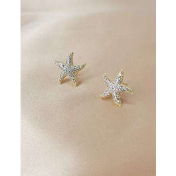 CEYIYA Starfish Stud Earrings for Women - CZ Paved Starfish Stud Earrings - Charm Starfish Earrings Plated in 14k Gold/White Gold