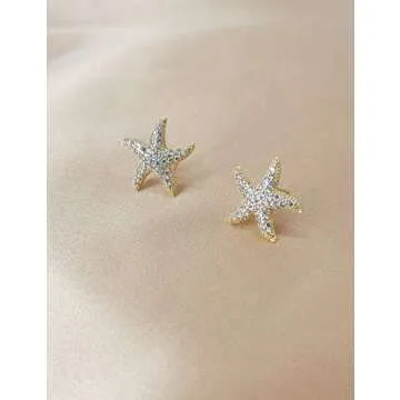 CEYIYA Starfish Stud Earrings for Women - CZ Paved Starfish Stud Earrings - Charm Starfish Earrings Plated in 14k Gold/White Gold