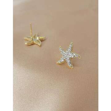 CEYIYA Starfish Stud Earrings for Women - CZ Paved Starfish Stud Earrings - Charm Starfish Earrings Plated in 14k Gold/White Gold