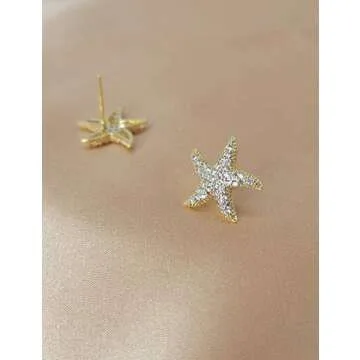 CEYIYA Starfish Stud Earrings for Women - CZ Paved Starfish Stud Earrings - Charm Starfish Earrings Plated in 14k Gold/White Gold