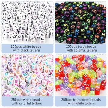 Quefe 1000pcs Letter Alphabet Beads, 4 Color 6mm Cube Acrylic Letter Beads with 50 Meters Elastic String Crystal Cord for Jewelry Making, Necklace, Bracelets