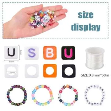 Quefe 1000pcs Letter Alphabet Beads, 4 Color 6mm Cube Acrylic Letter Beads with 50 Meters Elastic String Crystal Cord for Jewelry Making, Necklace, Bracelets