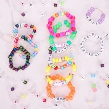 Quefe 1000pcs Letter Alphabet Beads, 4 Color 6mm Cube Acrylic Letter Beads with 50 Meters Elastic String Crystal Cord for Jewelry Making, Necklace, Bracelets