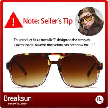 Breaksun Retro Aviator Sunglasses for Women Men Trendy Classic 70s Square Aviator Sun Glasses Vintag...