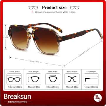 Breaksun Retro Aviator Sunglasses for Women Men Trendy Classic 70s Square Aviator Sun Glasses Vintage Shades (Tortoise Clear Brown/Brown gradient)