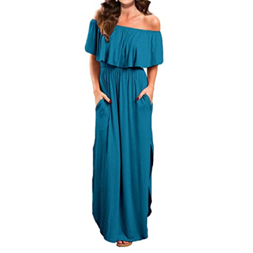 VERABENDI Women's Off Shoulder Summer Casual Long Ruffle Beach Maxi Dress with Pockets