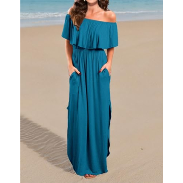 VERABENDI Women's Off Shoulder Summer Casual Long Ruffle Beach Maxi Dress with Pockets