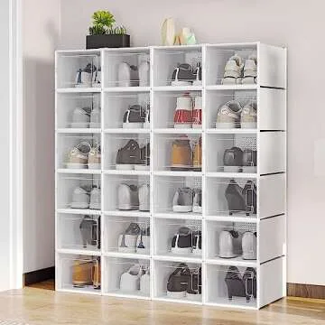 YITAHOME XL 24 Pack Shoe Boxes Fit Up to US Size 15, Plastic Shoe Organizer for Closet, Stackable Shoe Containers Drawers, Shoe Storage Bins (XL, White)