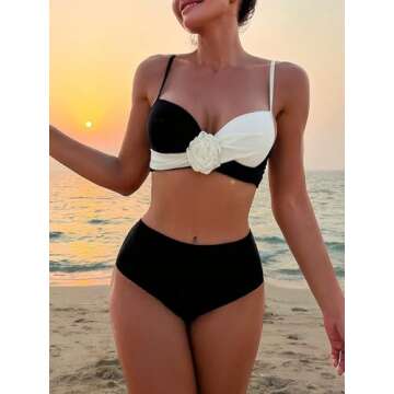 OYOANGLE Women's 2 Piece Bikini Sets 3D Floral Appliques Colorblock Sleeveless Swimsuits Wireless High Waist Swimwear Black and White Large