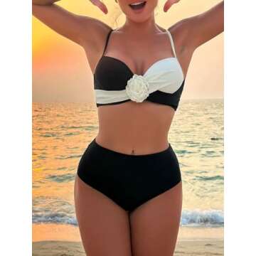 OYOANGLE Women's 2 Piece Bikini Sets 3D Floral Appliques Colorblock Sleeveless Swimsuits Wireless High Waist Swimwear Black and White Large