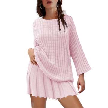 LAMISSCHE Womens Lounge Set Oversized 2 Piece Sweater Skirt Sets Long Sleeve Knit Top Pleated Skirts...