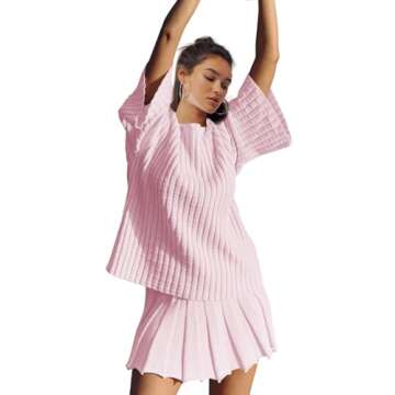 LAMISSCHE Womens Lounge Set Oversized 2 Piece Sweater Skirt Sets Long Sleeve Knit Top Pleated Skirts(Pink,XS)
