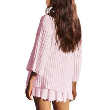 LAMISSCHE Womens Lounge Set Oversized 2 Piece Sweater Skirt Sets Long Sleeve Knit Top Pleated Skirts(Pink,XS)