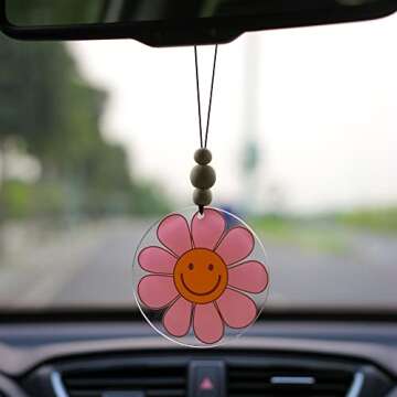 Talataca Pink Daisy 2D Flat Car Ornament & Wood Beads, Happy Smiley Face Beaded Rear View Mirror Accessories, Rearview Hanging Charm, Christmas Tree Decor