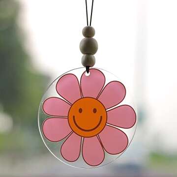 Talataca Pink Daisy 2D Flat Car Ornament & Wood Beads, Happy Smiley Face Beaded Rear View Mirror Accessories, Rearview Hanging Charm, Christmas Tree Decor