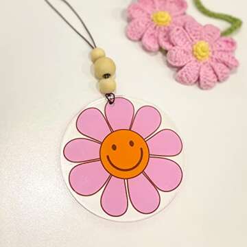 Talataca Pink Daisy 2D Flat Car Ornament & Wood Beads, Happy Smiley Face Beaded Rear View Mirror Accessories, Rearview Hanging Charm, Christmas Tree Decor