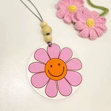 Talataca Pink Daisy 2D Flat Car Ornament & Wood Beads, Happy Smiley Face Beaded Rear View Mirror Accessories, Rearview Hanging Charm, Christmas Tree Decor