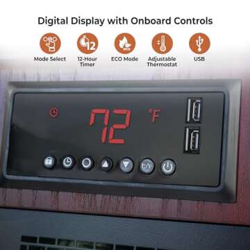 Comfort Zone 20" 1500-watt Premium Infrared Quartz Heater w/Built-In USB Charging Ports & Remote Control, On/Off Timer, Safety Tip-Over switch & Overheat Protection System