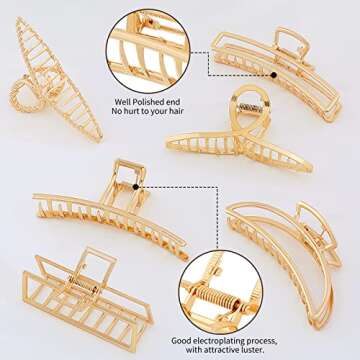Fuystiulyo 6 Pack Large Metal Hair Accessories for Women - Nonslip Gold Clamps for Thick/Thin Hair, Strong Hold Jaw Styling Accessories (Gold)