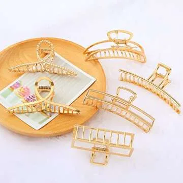 Fuystiulyo 6 Pack Large Metal Hair Accessories for Women - Nonslip Gold Clamps for Thick/Thin Hair, Strong Hold Jaw Styling Accessories (Gold)