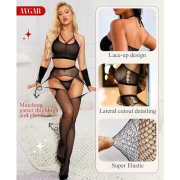 AVGAR Bodystocking Lingerie Sets for Women - 4 Piece Fishnet Lingerie Exotic Babydoll Bodysuit Party Clubwear One Size Black