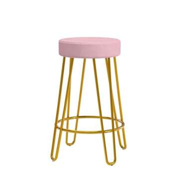 Yaheetech Round Kitchen Counter Stool Home Bar Height Stools with Golden Hairpin Legs Upholstered Velvet Seat for Kitchen/Dining Room Pink, Set of 2 (Package 1)