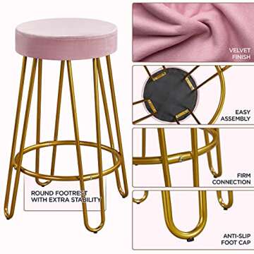 Yaheetech Round Kitchen Counter Stool Home Bar Height Stools with Golden Hairpin Legs Upholstered Velvet Seat for Kitchen/Dining Room Pink, Set of 2 (Package 1)