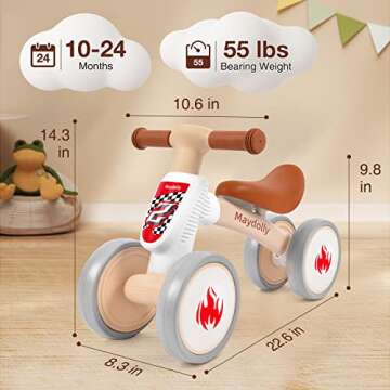 Maydolly Baby Banlance Bike for 1 Year Old Boys Girls Cute 10-24 Months Kids Toy First Birthday Gift No Pedal Toddler 4 Wheels Balance Bike