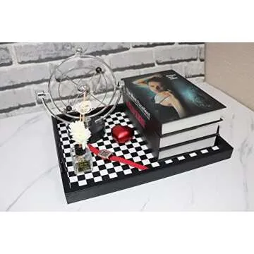 MCBZ Living Room Coffee Table Decorative Tray, Food Service Tray, Leather Ottoman Tray,with Metal Handles 16.5 x 12.6 in (Black and White Grid)