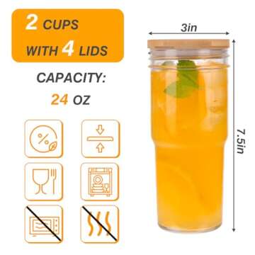 Moretoes 2pcs 24oz Glass Cups with Lids and Straws, Glass Iced Coffee Cups Cute Travel Tumbler Cup, ...