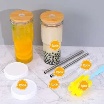 Moretoes 2pcs 24oz Glass Cups with Lids and Straws, Glass Iced Coffee Cups Cute Travel Tumbler Cup, Drinking Jars Set Reusable Boba Bottle for Jumbo Smoothie, Cold Brew, Soda, Juice