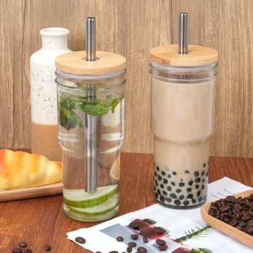 Moretoes 2pcs 24oz Glass Cups with Lids and Straws, Glass Iced Coffee Cups Cute Travel Tumbler Cup, Drinking Jars Set Reusable Boba Bottle for Jumbo Smoothie, Cold Brew, Soda, Juice