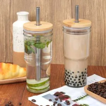 Moretoes 2pcs 24oz Glass Cups with Lids and Straws, Glass Iced Coffee Cups Cute Travel Tumbler Cup, Drinking Jars Set Reusable Boba Bottle for Jumbo Smoothie, Cold Brew, Soda, Juice