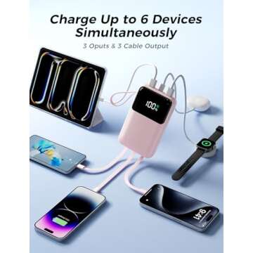 Portable Charger with Built in Cable, 15000mAh Power Bank, 22.5W Fast Charging, 6 Outputs, Slim Travel Essential Battery Pack with LED Display, Compatible with iPhone 16/15/14/13, Samsung, iPad, etc